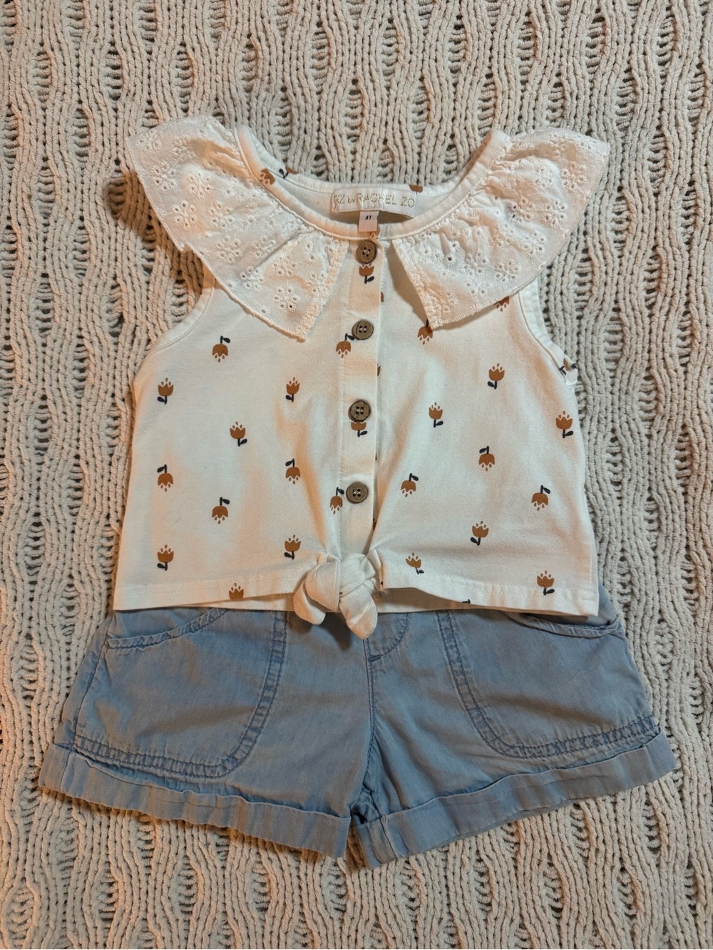 Rachel Zoe Eyelet Collar Cream Tank with Blue Shorts Set